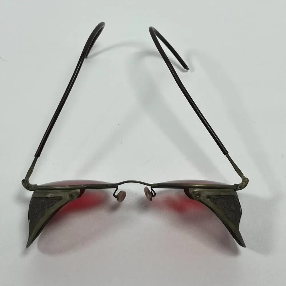 WELSH Safety Goggles WWII Sunglasses Red Lenses Metal Mesh Sides Steampunk VTG